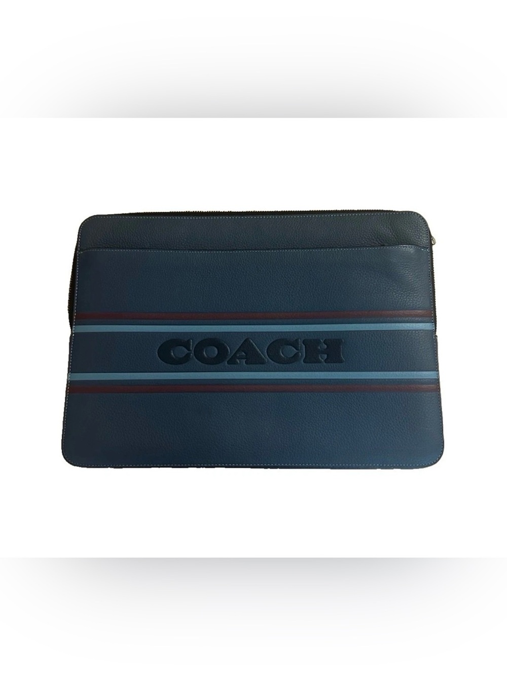 Coach CH068 15 Laptop Case Denim Blue Multi Color Center Stripe Leather  $272